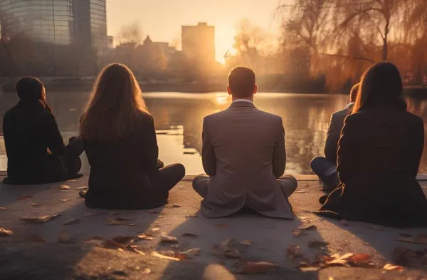 Four colleagues in work clothes sit cross-legged in a row facing a city lake at sunrise.